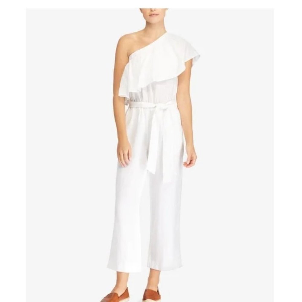 RALPH LAUREN Womens linen White Asymmetrical off shoulder jumpsuit size 6